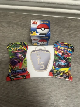 Lot Pokémon, 1 booster ME01 Méga-évolution, 1 booster ME02 Flamme fantasmagorique en français et 1 puzzle 3D Pokéballs