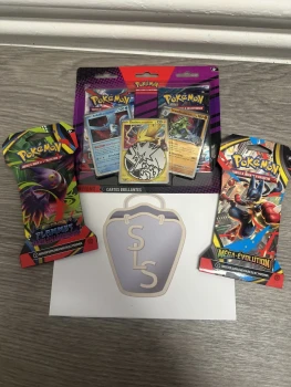 Lot Pokémon, Duopack Electhor, 1 booster ME01 Méga-évolution et 1 booster ME02 Flamme fantasmagorique en français.