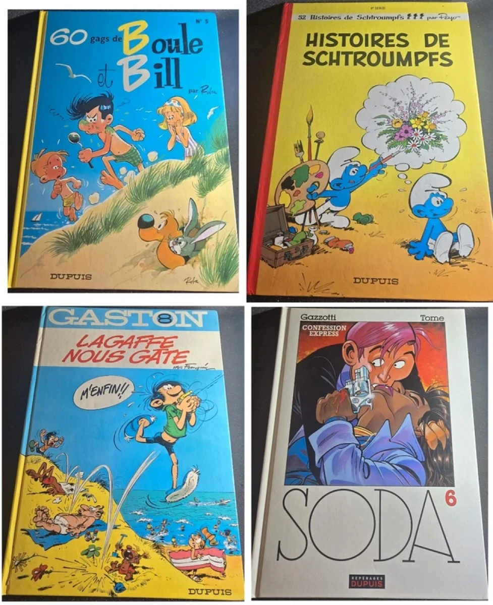 Lot de 4 BD, Soda, Gaston, Histoire de Stroumpfs, Boule et Bill