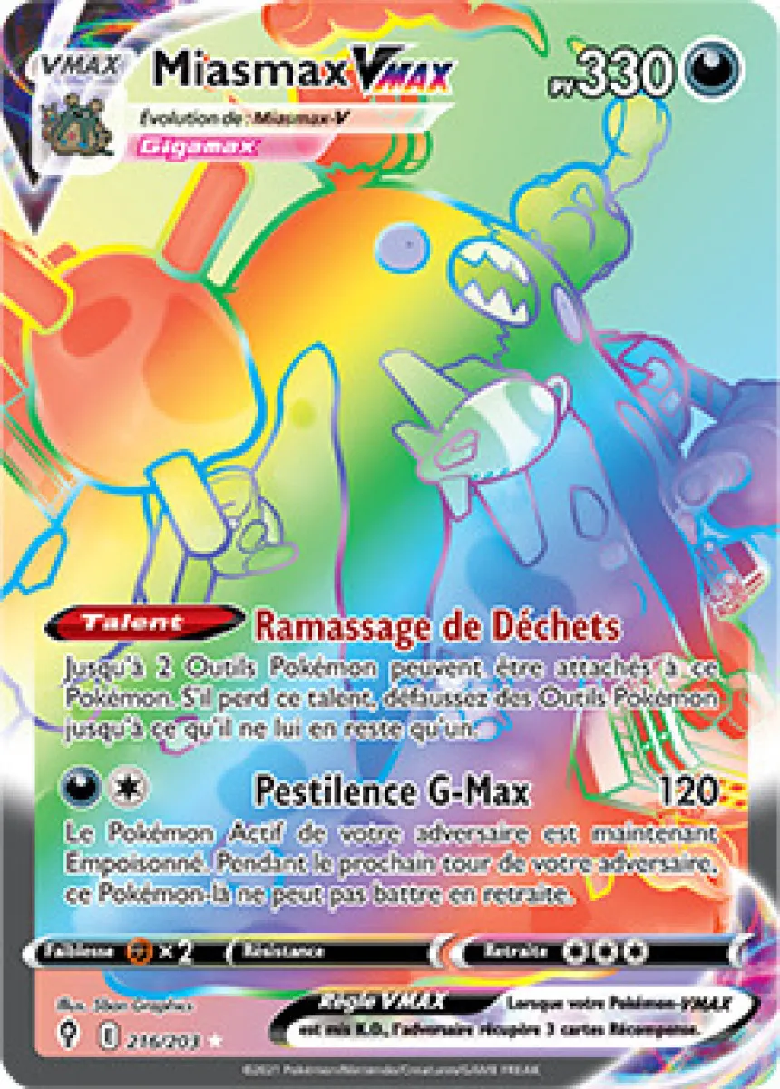 Carte Pokémon : Dracaufeu VMAX , RapidSrtike Urshifu VMAX , Miasmax VMAX , Zacian V et Florizarre V