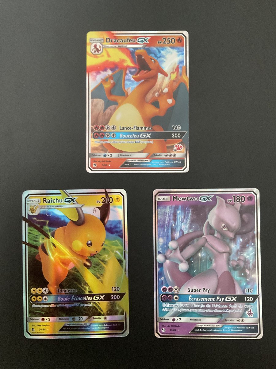 Dracaufeu GX, Mewtwo GX et Raichu GX