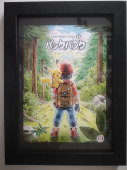 Dessin Fan Art Collection Pokémon Sacha et Pikachu dans un cadre 13x18 🎁