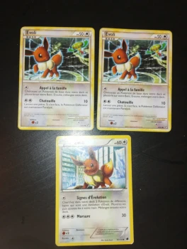 2 cartes Pokémon evoli 48/90 édition 2010 et 1 carte Evoli 90/116 édition 2013